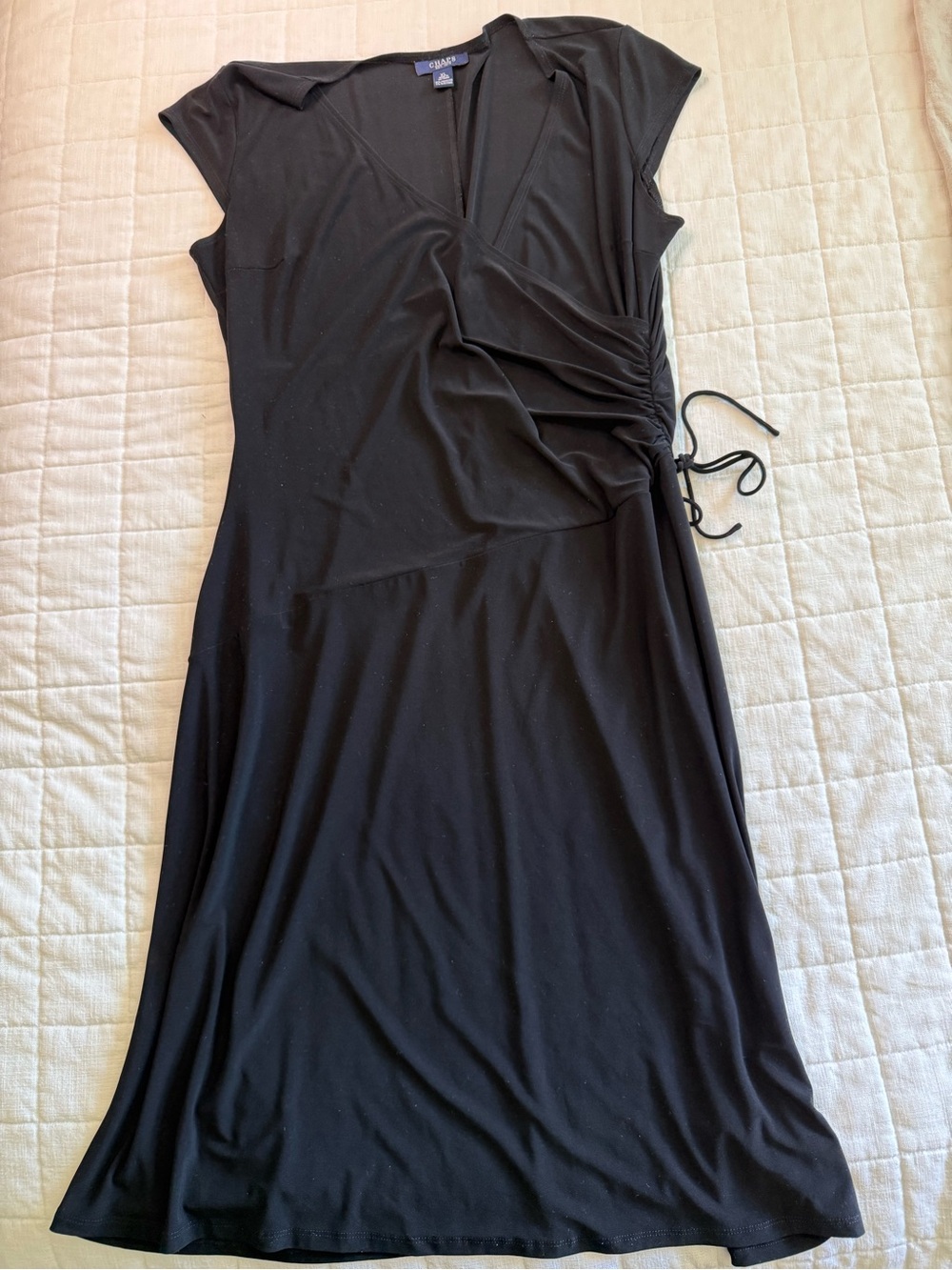 Chaps Black Midi Ruched Wrap-Style Cap Sleeve Dress with Side Tie